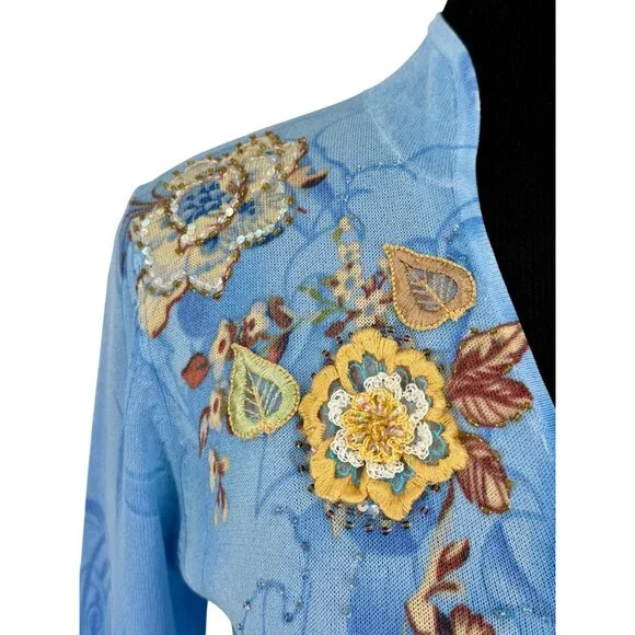 Vtg Alberto Makali Embroidered Floral Beaded Sequin Blue Knit Top M | Boho Indie - Picture 3 of 16